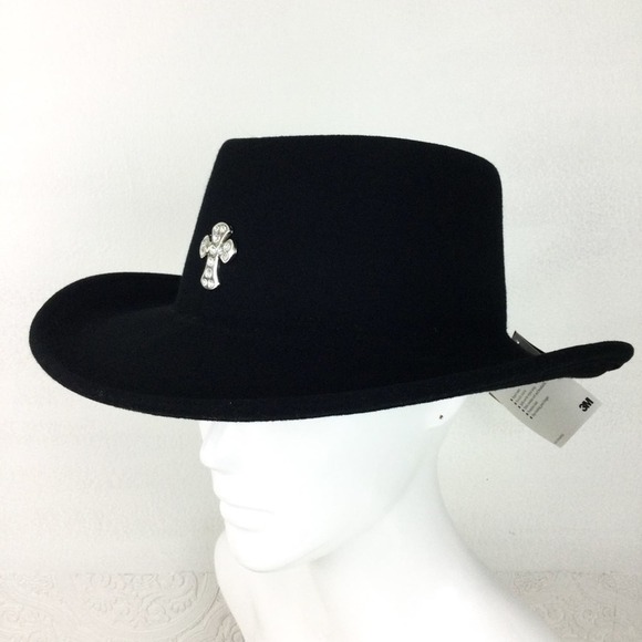 Vintage black 100% wool crushable hat bling cross boho western adult medium - Picture 5 of 13